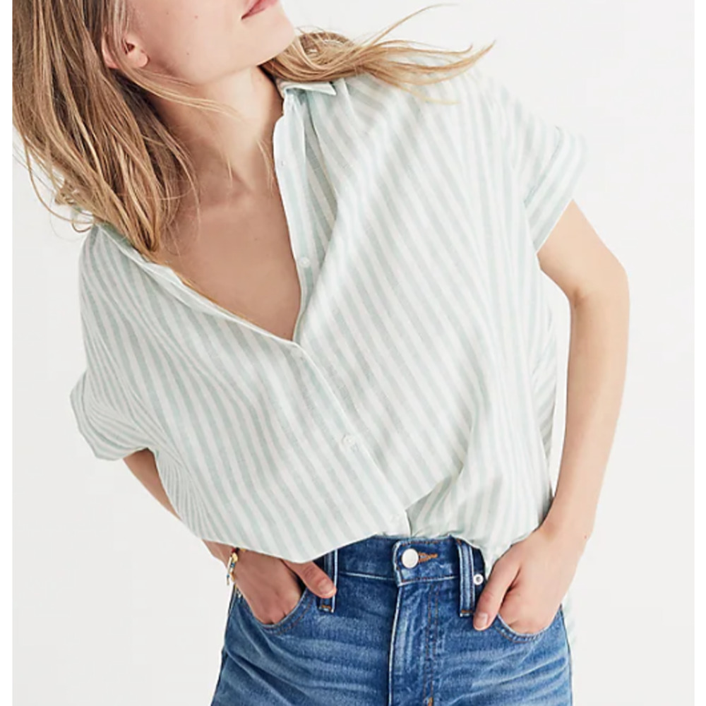 Madewell Central Shirt Mint Stripe Green White Buttoned Collar Blouse Small